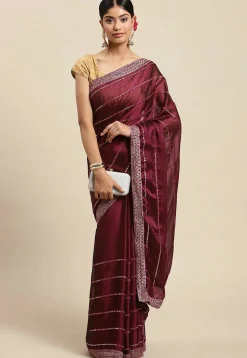 Embroidered Art Silk Saree in Wine