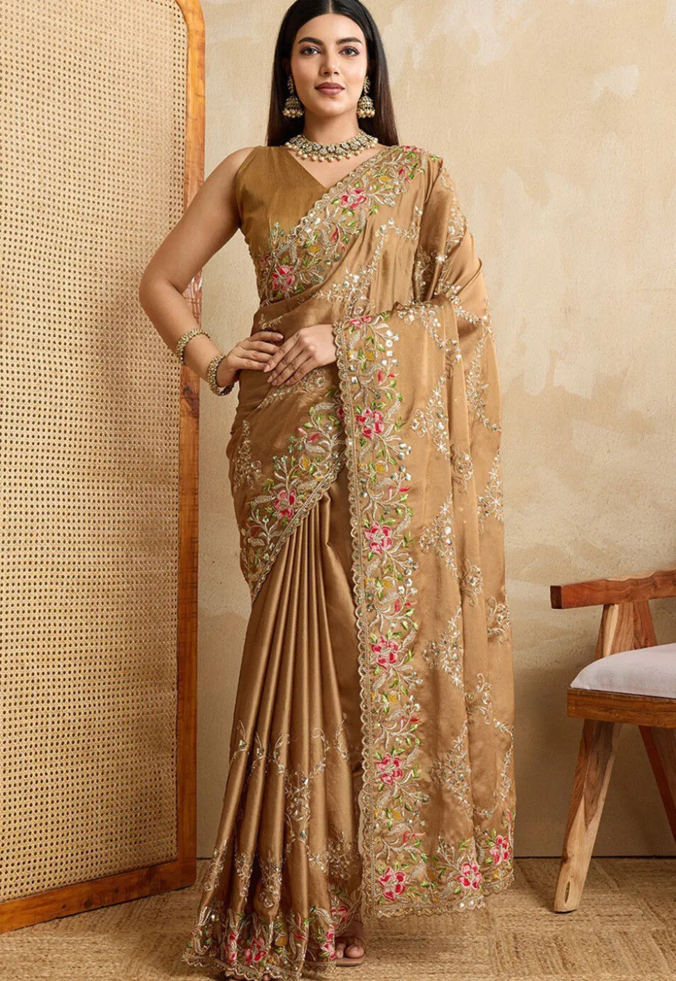 Embroidered Art Silk Saree in Brown