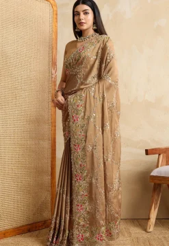 Embroidered Art Silk Saree in Brown