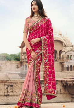 Embroidered Art Silk Saree in Fuchsia and Peach