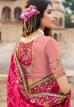 Embroidered Art Silk Saree in Fuchsia and Peach