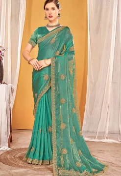 Embroidered Art Silk Saree in Teal Green
