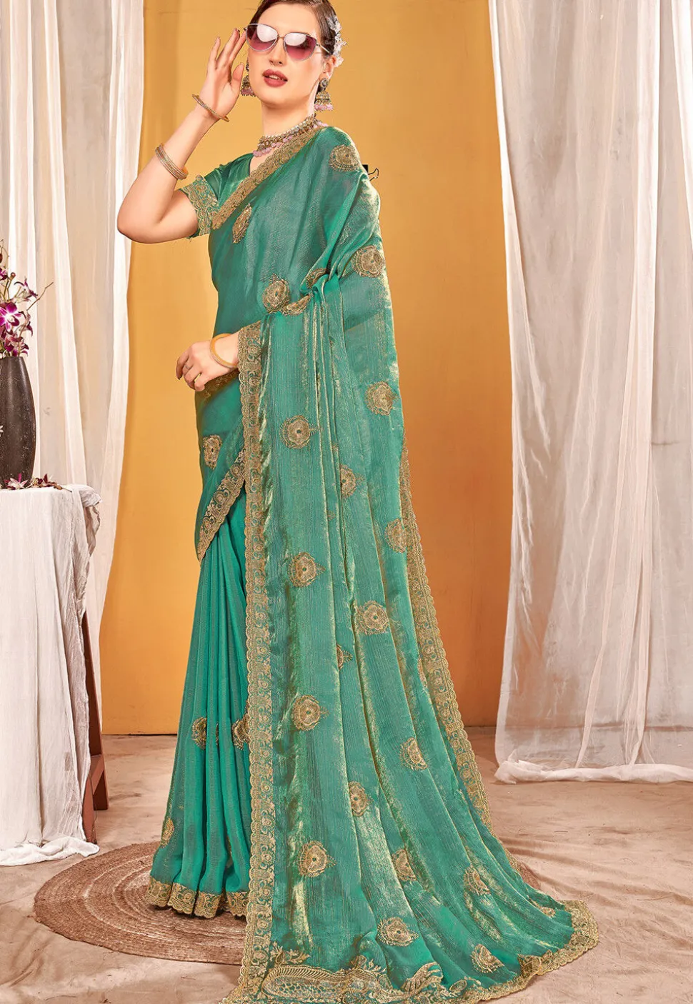 Embroidered Art Silk Saree in Teal Green