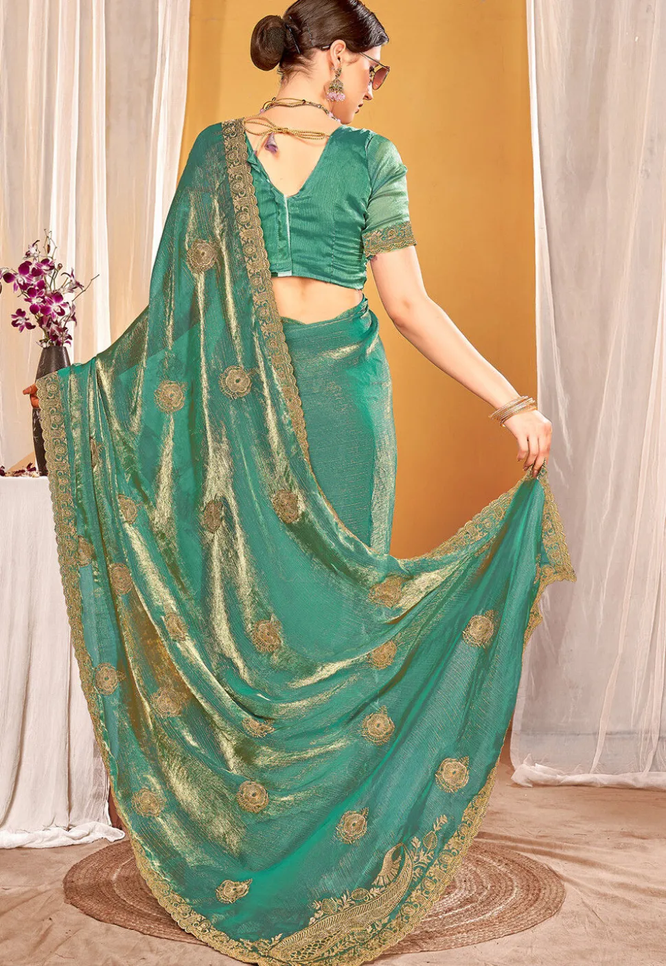 Embroidered Art Silk Saree in Teal Green