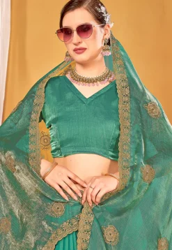 Embroidered Art Silk Saree in Teal Green