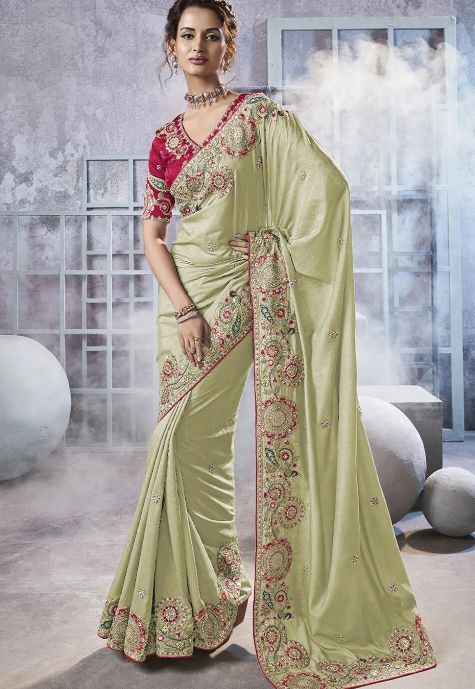Embroidered Art Silk Saree in Light Green