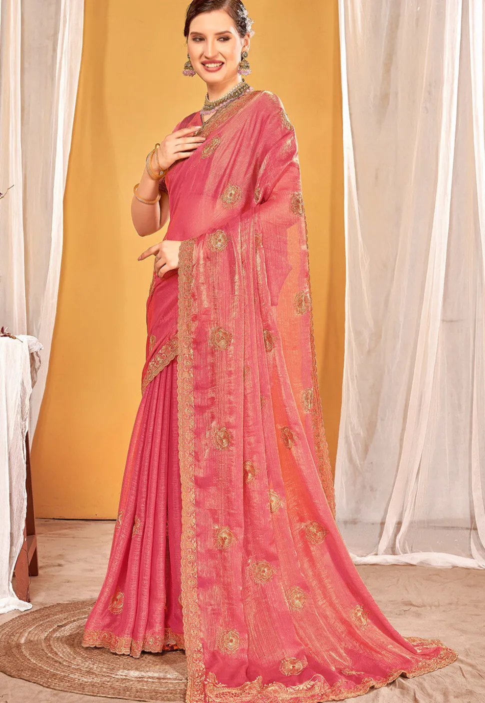 Embroidered Art Silk Saree in Peach