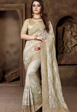 Embroidered Art Silk Saree in Beige