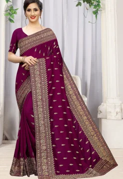 Embroidered Art Silk Saree in Magenta