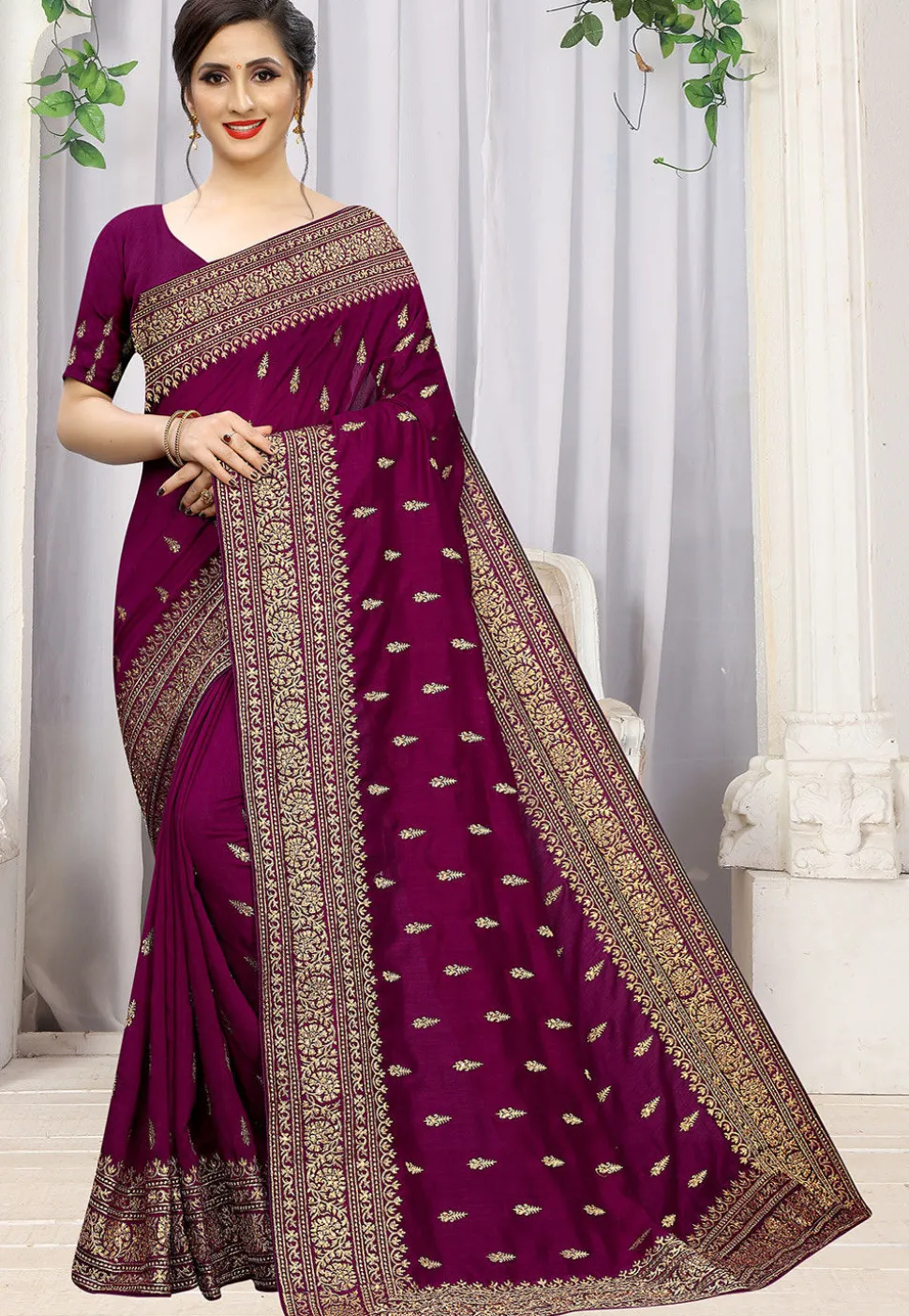 Embroidered Art Silk Saree in Magenta