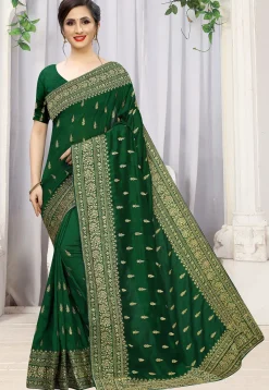Embroidered Art Silk Saree in Dark Green