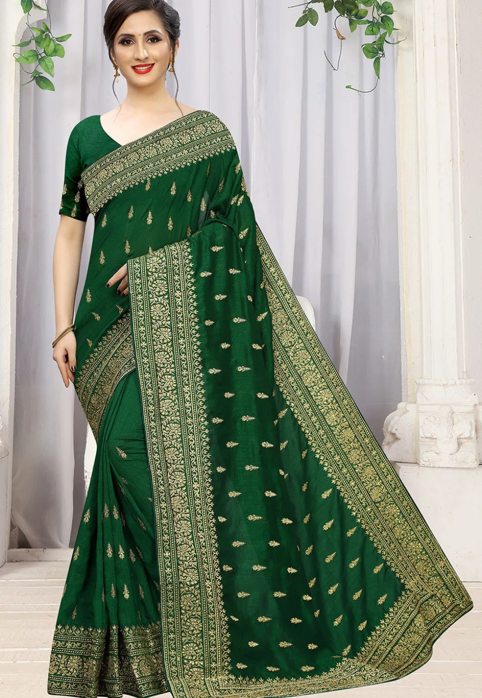 Embroidered Art Silk Saree in Dark Green