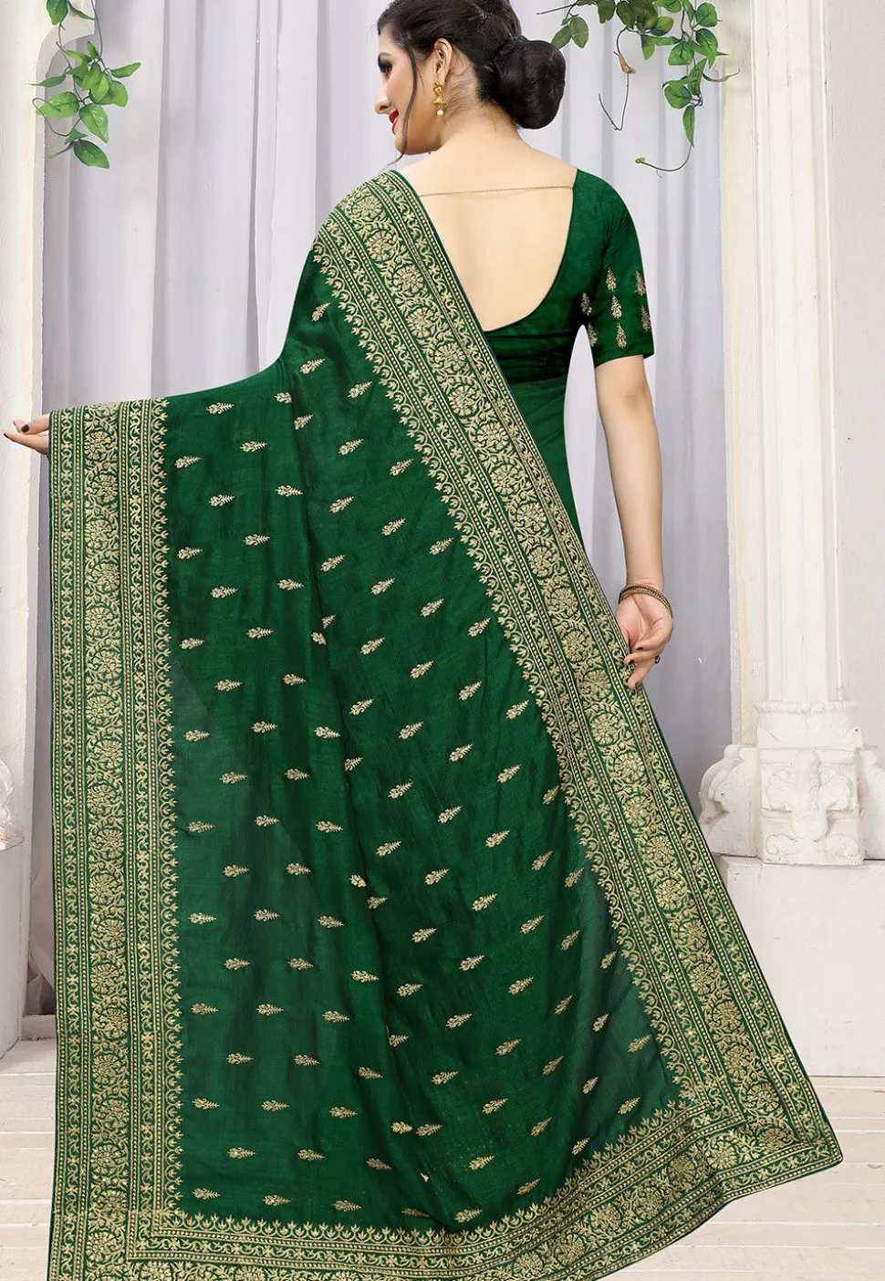 Embroidered Art Silk Saree in Dark Green