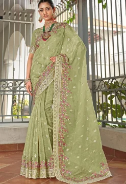 Embroidered Art Silk Saree in Light Green