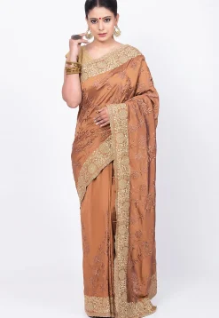 Embroidered Art Silk Saree in Light Brown