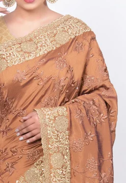 Embroidered Art Silk Saree in Light Brown
