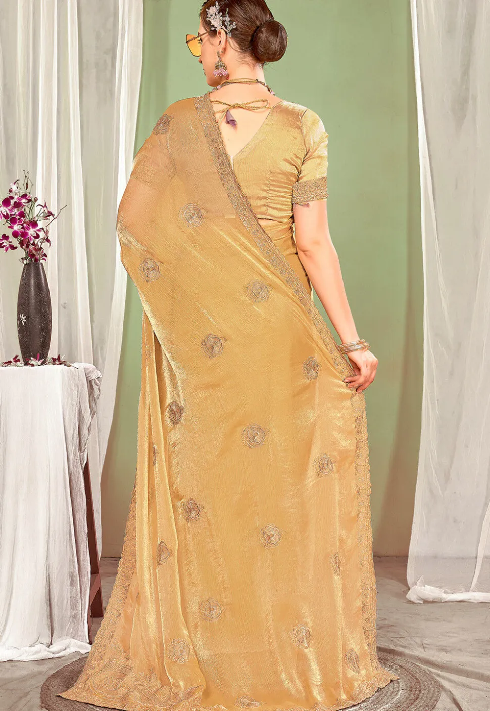 Embroidered Art Silk Saree in Yellow