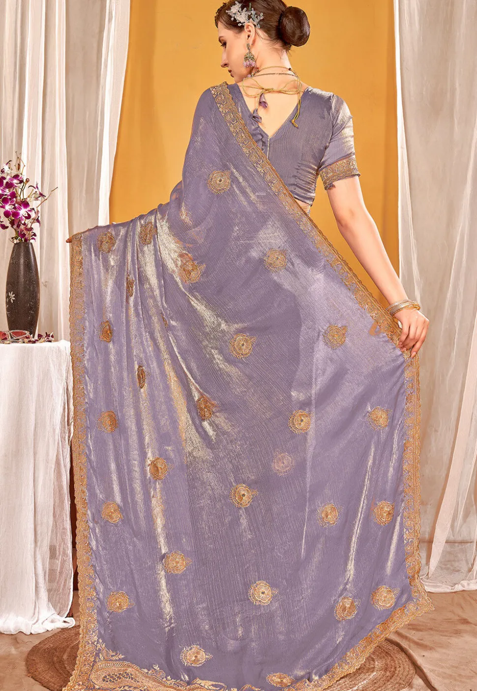 Embroidered Art Silk Saree in Purple