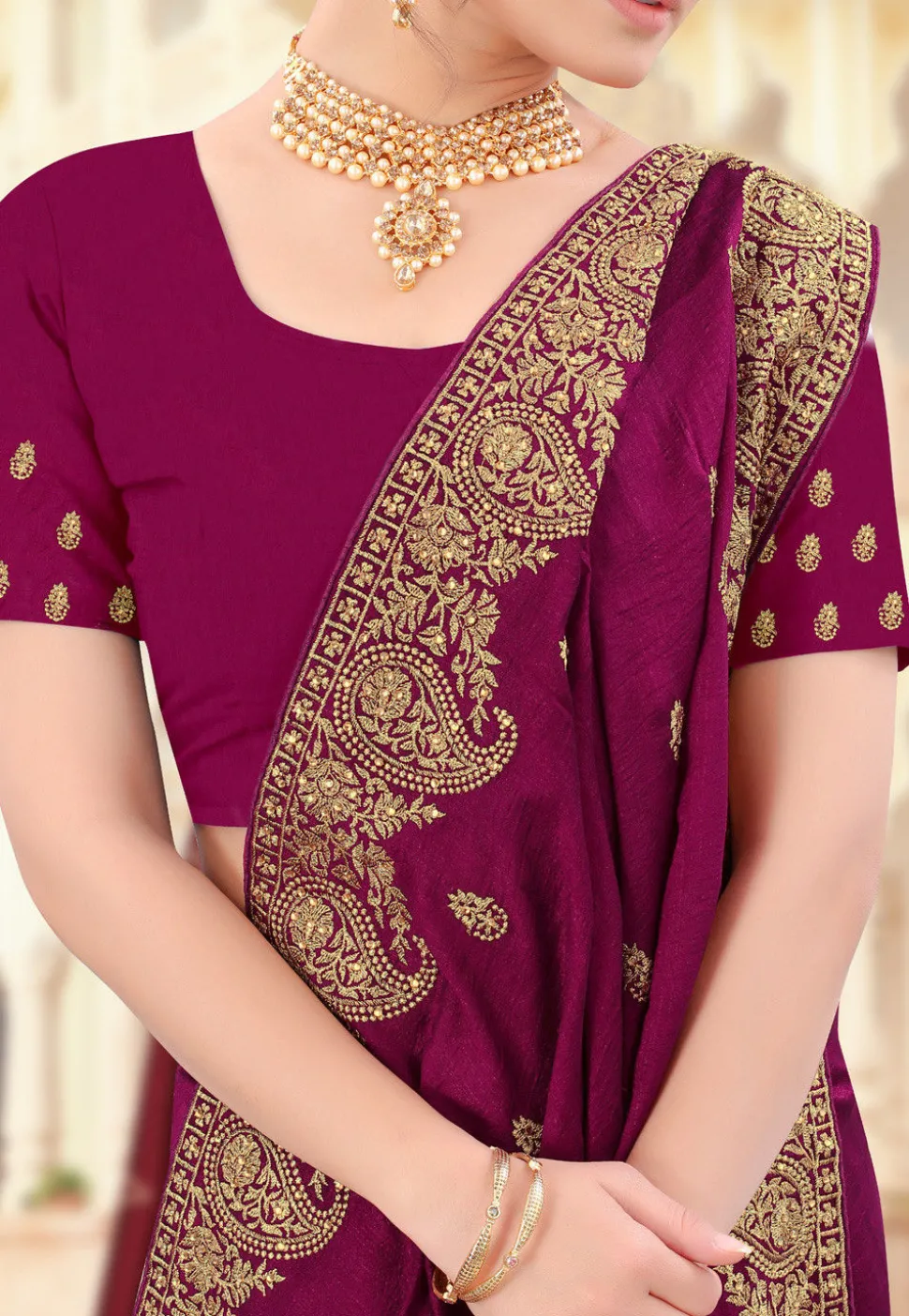 Embroidered Art Silk Saree in Magenta