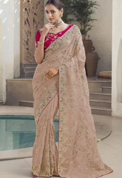 Embroidered Art Silk Saree in Peach