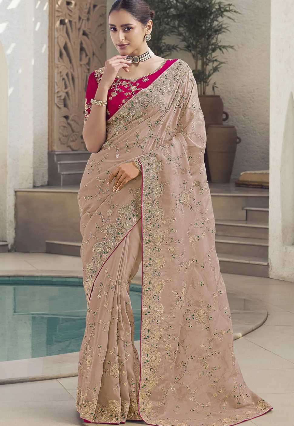 Embroidered Art Silk Saree in Peach
