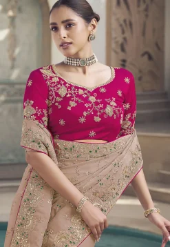Embroidered Art Silk Saree in Peach
