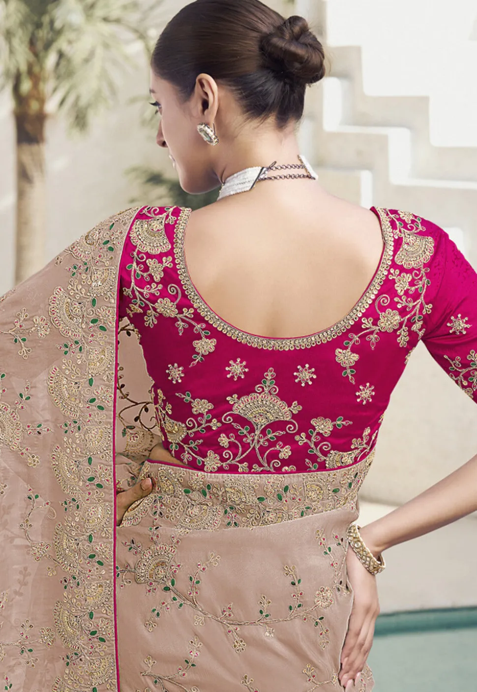 Embroidered Art Silk Saree in Peach