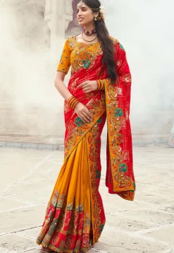 Embroidered Art Silk Saree in Red and Mustard