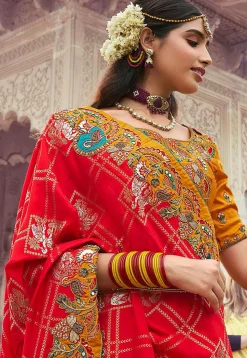 Embroidered Art Silk Saree in Red and Mustard