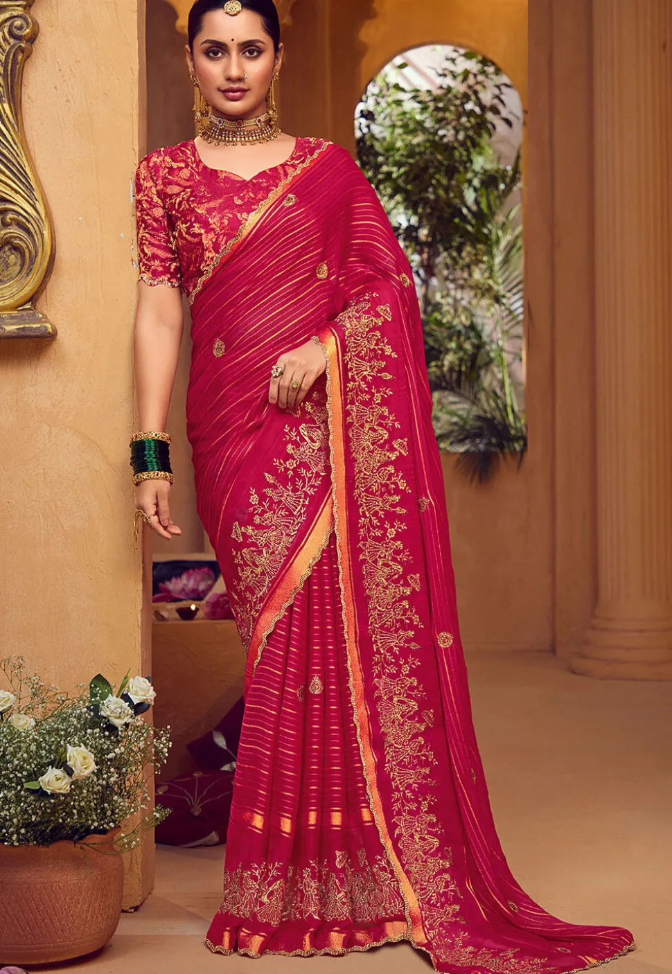 Embroidered Art Silk Saree in Fuchsia