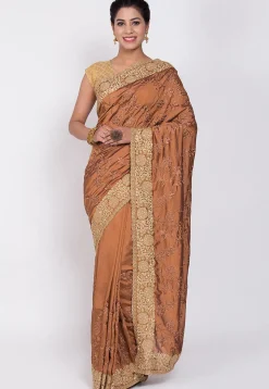 Embroidered Art Silk Saree in Brown