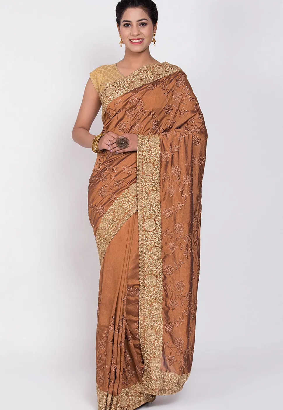 Embroidered Art Silk Saree in Brown
