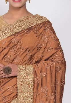Embroidered Art Silk Saree in Brown