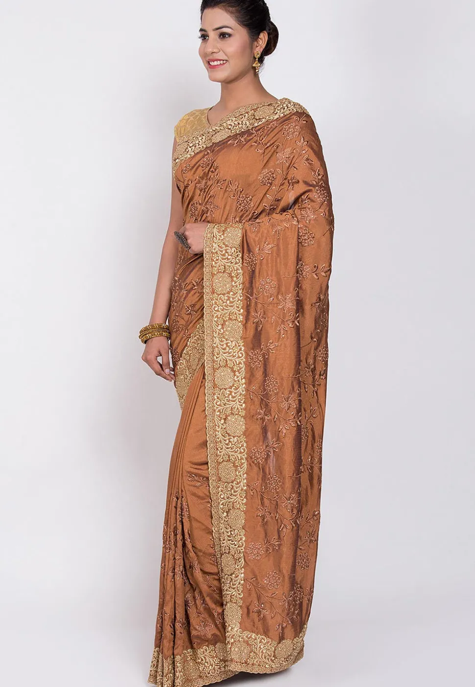 Embroidered Art Silk Saree in Brown