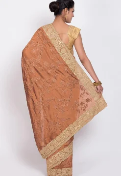 Embroidered Art Silk Saree in Brown