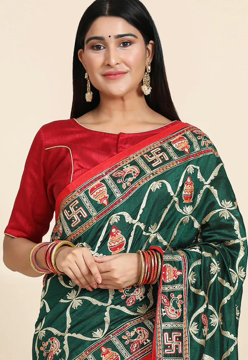 Embroidered Art Silk Saree in Green