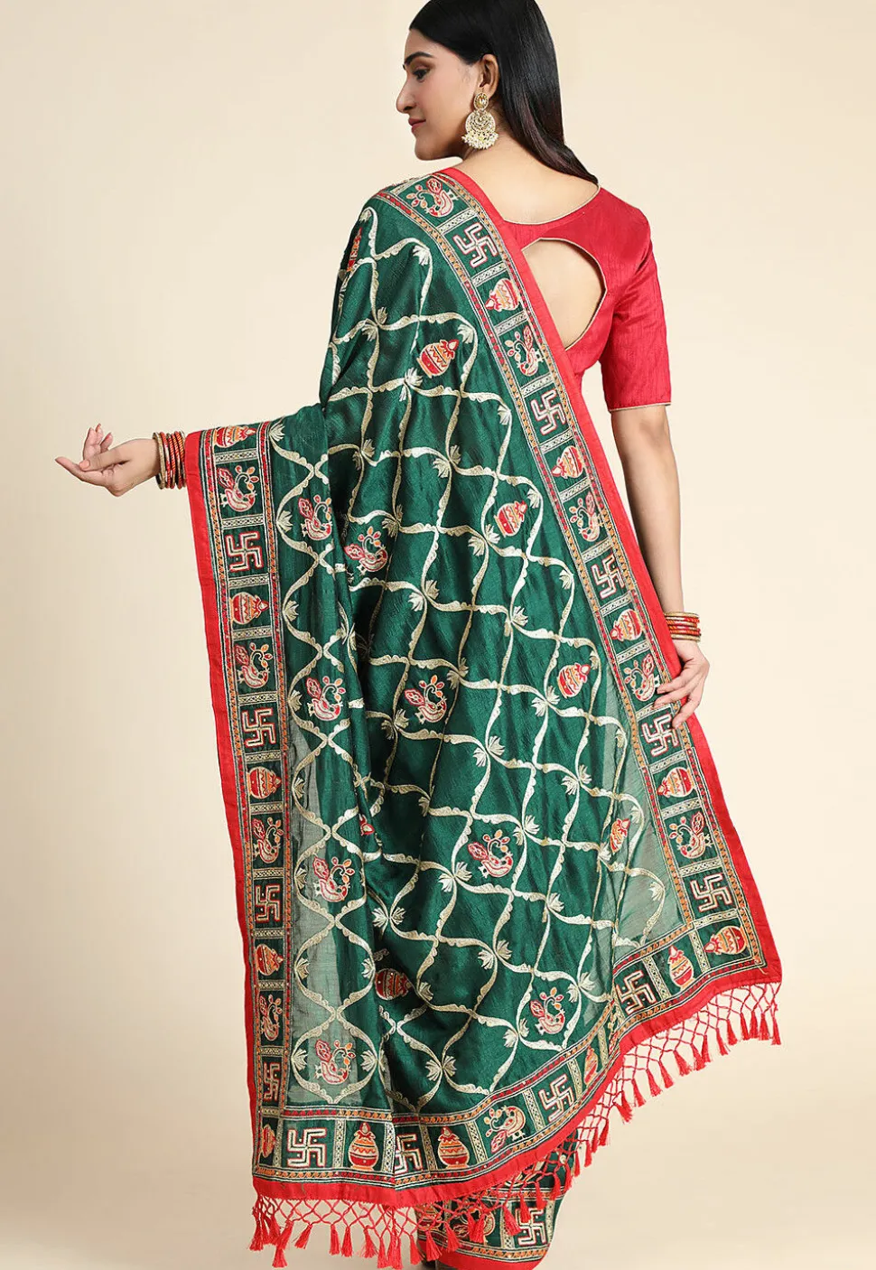 Embroidered Art Silk Saree in Green
