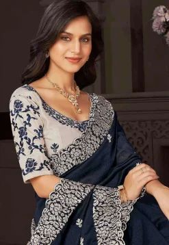 Embroidered Art Silk Scalloped Saree in Navy Blue