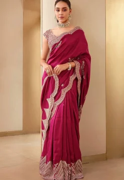 Embroidered Art Silk Scalloped Saree in Fuchsia