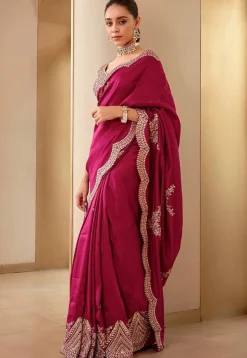 Embroidered Art Silk Scalloped Saree in Fuchsia