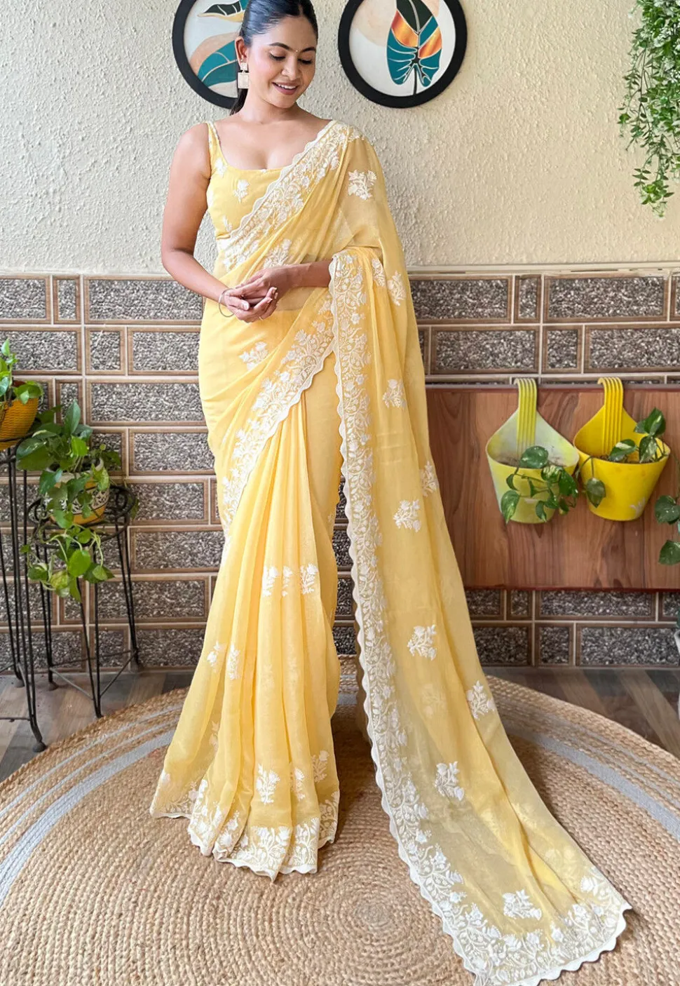 Embroidered Art Silk Scalloped Saree in Yellow