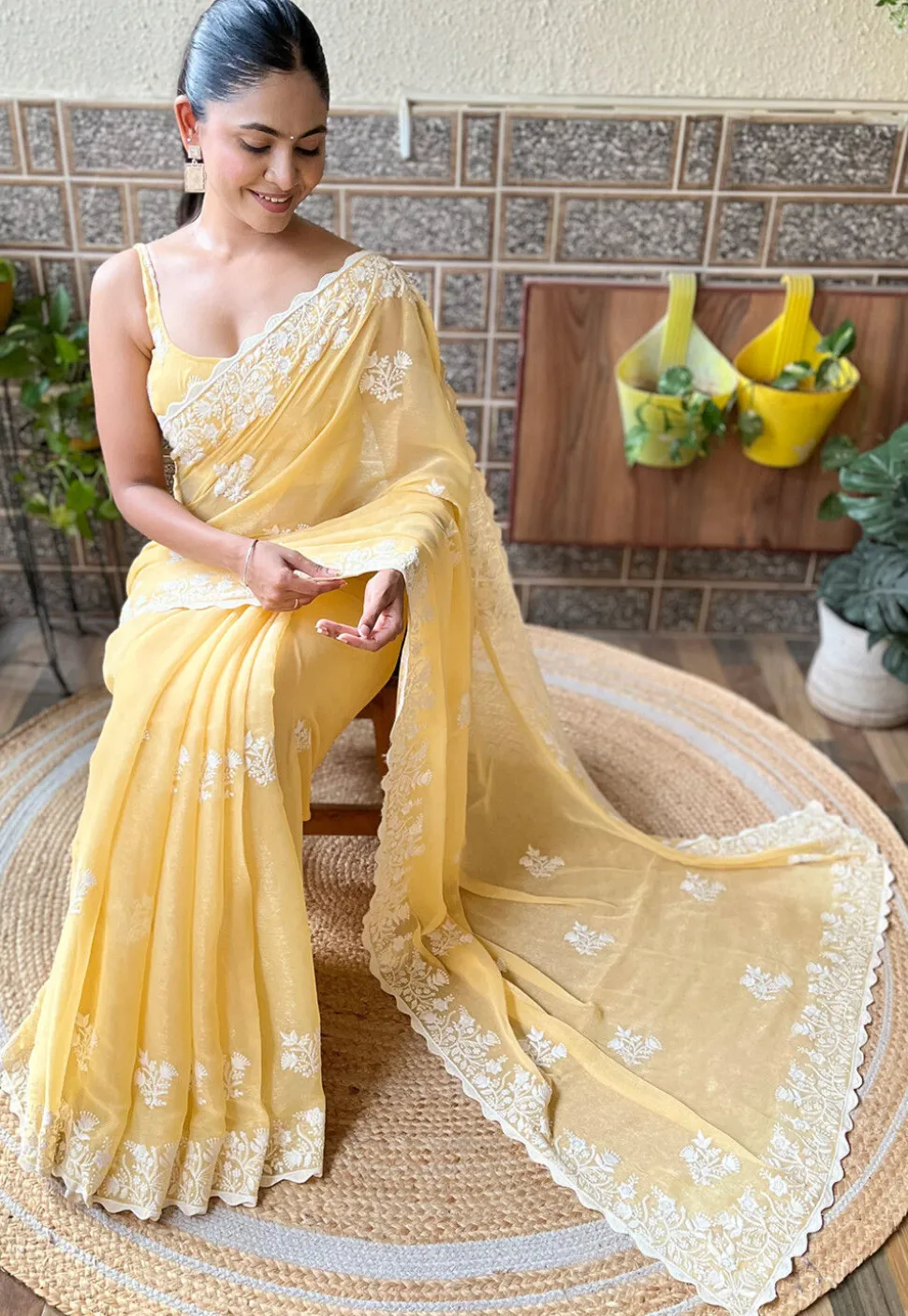Embroidered Art Silk Scalloped Saree in Yellow