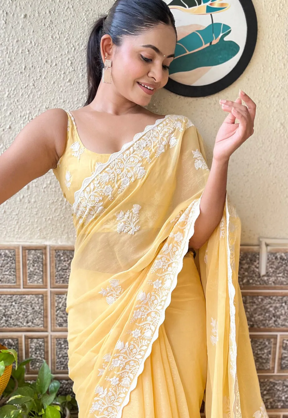 Embroidered Art Silk Scalloped Saree in Yellow