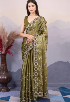 Embroidered Art Silk Scalloped Saree in Dark Olive Green