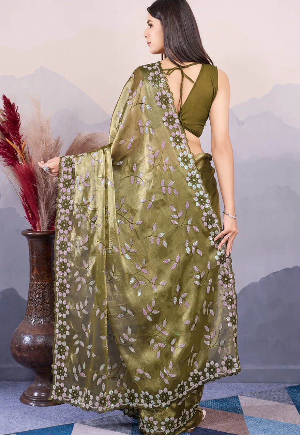 Embroidered Art Silk Scalloped Saree in Dark Olive Green