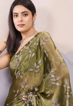 Embroidered Art Silk Scalloped Saree in Dark Olive Green