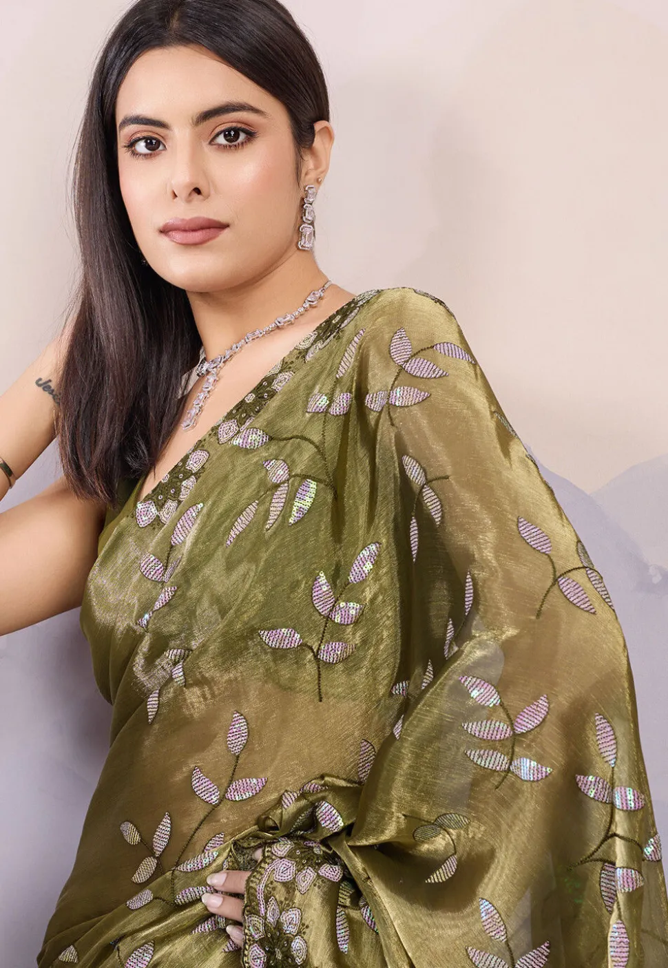 Embroidered Art Silk Scalloped Saree in Dark Olive Green
