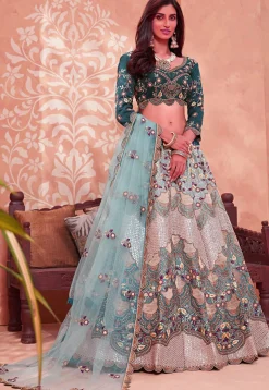 Embroidered Art Silk Scalloped Lehenga in Light Fawn and Blue