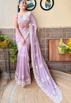 Embroidered Art Silk Scalloped Saree in Purple