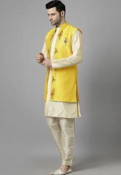 Embroidered Art Silk Sherwani in Light Beige and Yellow